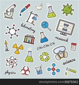 Chemical lab patches. Science. Color stickers, pins and badges set. Gas mask, molecule, atom, biohazard, recycle and radiation symbols, test tubes, flask with liquid. Vector isolated illustrations. Chemical lab patches