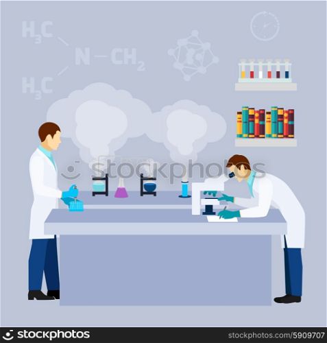 Chemical lab science research flat poster. Chemistry laboratory research test tubes flat icon poster with two scientists in lab coats abstract vector illustration