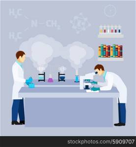 Chemical lab science research flat poster. Chemistry laboratory research test tubes flat icon poster with two scientists in lab coats abstract vector illustration