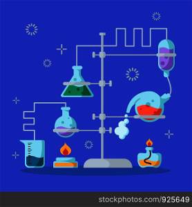 Chemical laboratory and equipment for the experiment. Science and education concept. Glass flasks and test tubes with liquids, reagents, solutions. Vector illustration on purple background.. Laboratory Flasks Icon Set