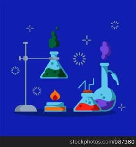 Chemical laboratory and equipment for the experiment. Science and education concept. Glass flasks and test tubes with liquids, reagents, solutions, alchogol burner. Vector illustration in flat style. Laboratory Flasks Icon Set