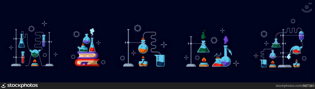 Chemical laboratory and equipment for the experiment. Science and education concept. Glass flasks and test tubes with liquids, reagents, solutions. Stuff for chemistry lesson. Set of vector illustrations. Laboratory Flasks Icon Set