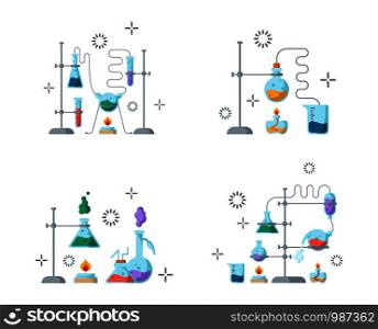 Chemical laboratory and equipment for the experiment. Science and education concept. Glass flasks and test tubes with liquids, reagents, solutions. Stuff for chemistry lesson. Set vector . Laboratory Flasks Icon Set