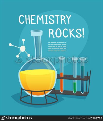Chemical Laboratory Cartoon Concept. Chemical laboratory cartoon concept with flask tubes and molecule model vector illustration