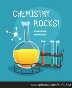 Chemical Laboratory Cartoon Concept. Chemical laboratory cartoon concept with flask tubes and molecule model vector illustration