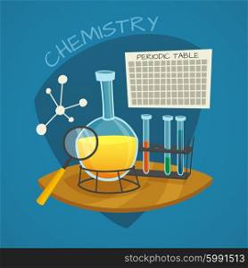 Chemical Laboratory Cartoon Icons Set . Chemical laboratory cartoon icons set with flask glass tubes and periodic table vector illustration