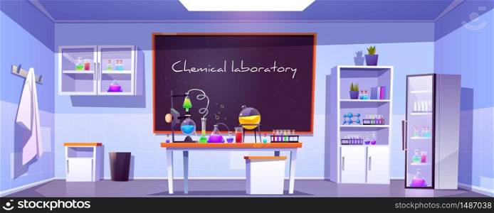 Chemical laboratory, empty chemistry cabinet or classroom interior with blackboard, beakers for experiments on desk, furniture and scientific supplies. Educational room cartoon vector illustration. Chemical laboratory, empty chemistry cabinet, room