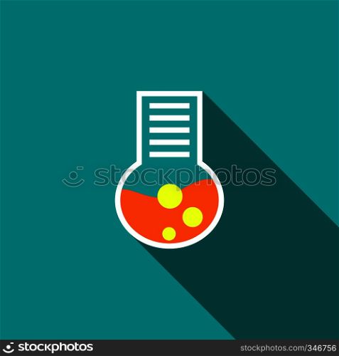Chemical laboratory flask with red liquid icon in flat style on a blue background. Chemical laboratory flask icon, flat style