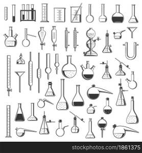 Chemical laboratory flasks, tubes and retorts, chemistry science vector equipment. Lab glassware and glass containers for medical research experiments, test tube stands, beakers, cylinders and burners. Chemical laboratory flasks, tubes and retorts