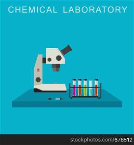 Chemical laboratory flat illustration with scientific and chemical equipment. Medical tests. Chemical laboratory illustration