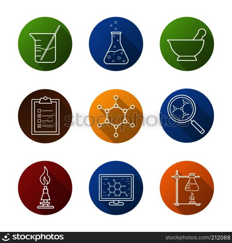 Chemical laboratory flat linear long shadow icons set. Chemical reaction, mortar and pestle, test checklist, beaker with rod, molecular structure, lab burner, ring stand, flask. Vector line symbols. Chemical laboratory flat linear long shadow icons set