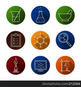 Chemical laboratory flat linear long shadow icons set. Chemical reaction, mortar and pestle, test checklist, beaker with rod, molecular structure, lab burner, ring stand, flask. Vector line symbols. Chemical laboratory flat linear long shadow icons set