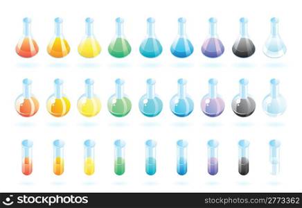 Chemical laboratory glass with multicolored substances. Vector illustration.
