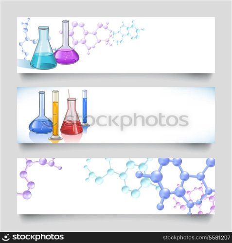 Chemical laboratory glassware flasks and tubes banner set with molecular background vector illustration