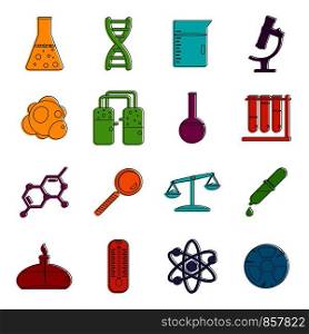 Chemical laboratory icons set. Doodle illustration of vector icons isolated on white background for any web design. Chemical laboratory icons doodle set