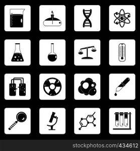 Chemical laboratory icons set in white squares on black background simple style vector illustration. Chemical laboratory icons set squares vector