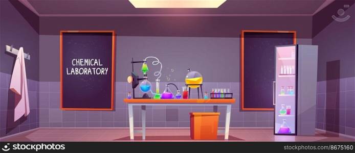 Chemical laboratory interior with glass flasks, tubes and beakers on table, blackboard on wall. Vector cartoon illustration of lab room with equipment for science research or medical test. Chemical laboratory interior with glass flasks