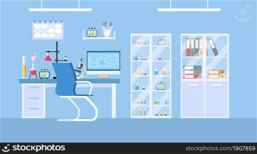 Chemical laboratory science and technology coronavirus 2019-nCoV. Scientists workplace concept. Science, education, chemistry, experiment, laboratory concept. vector illustration in flat design. Chemical laboratory science and technology