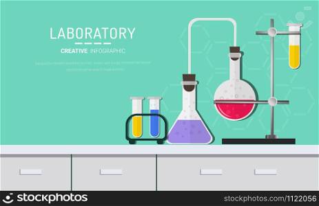 Chemical laboratory science and technology. Scientists workplace concept. Science, education, chemistry, experiment, laboratory concept. vector illustration in flat design.