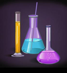 Chemical laboratory set of flasks glassware with tube and cork on violet background print template vector illustration