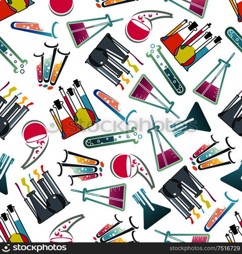 Chemical laboratory theme seamless pattern with test tubes, flasks and beakers filled with colorful liquids with bubbles randomly scattered over white background. Education, science, experiment and research theme design. Laboratory glasses, tubes and flasks pattern