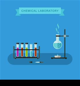 Chemical laboratory vector banner with flat icons of scientific and chemical equipment. Illustration of chemical experiences.