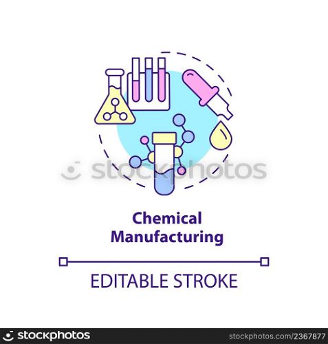 Chemical manufacturing concept icon. Synthetic substances. Business subsector abstract idea thin line illustration. Isolated outline drawing. Editable stroke. Arial, Myriad Pro-Bold fonts used. Chemical manufacturing concept icon