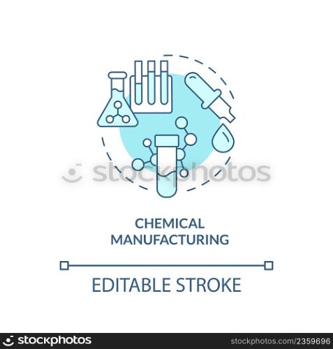 Chemical manufacturing turquoise concept icon. Synthetic substances. Subsector abstract idea thin line illustration. Isolated outline drawing. Editable stroke. Arial, Myriad Pro-Bold fonts used. Chemical manufacturing turquoise concept icon