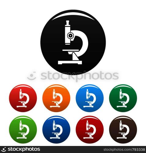 Chemical microscope icons set 9 color vector isolated on white for any design. Chemical microscope icons set color