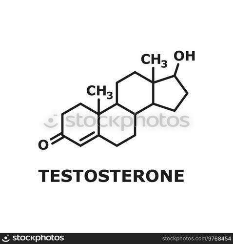 Chemical molecular formula hormone testosterone isolated line art design element. Vector testosterone primary sex hormone and anabolic steroid in male humans, reproductive prostate tissues. Hormone testosterone molecular structural formula