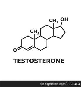 Chemical molecular formula hormone testosterone isolated line art design element. Vector testosterone primary sex hormone and anabolic steroid in male humans, reproductive prostate tissues. Hormone testosterone molecular structural formula