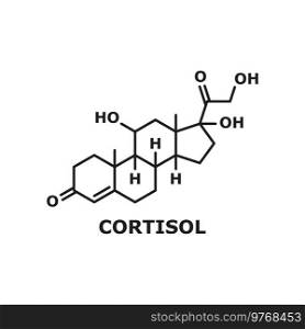 Chemical molecule of hormone of adrenal glands cortisol isolated structure in line art. Vector steroid hormone cortisol or hydrocortisone structural formula. Corticosteroid, body response to stress. Cortisol chemical molecule adrenal hormone formula