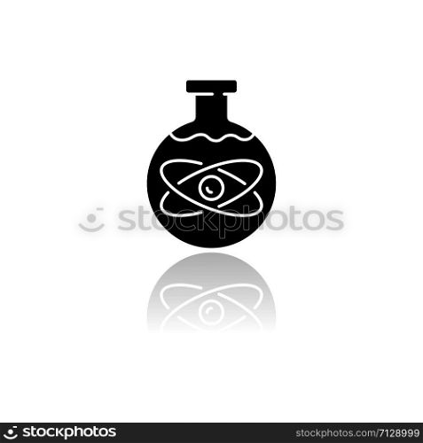 Chemical physics drop shadow black glyph icon. Subdiscipline of chemistry and physics. Laboratory scientific research. Chemical substance in flask. Lab experiment. Isolated vector illustration