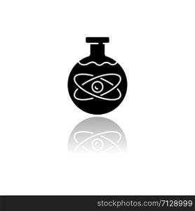 Chemical physics drop shadow black glyph icon. Subdiscipline of chemistry and physics. Laboratory scientific research. Chemical substance in flask. Lab experiment. Isolated vector illustration