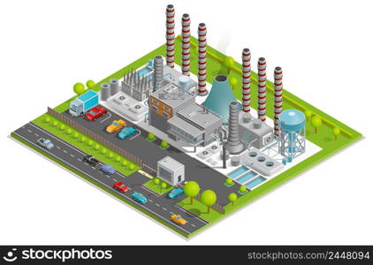 Chemical plant isometric concept with factory pipes fuel containers industrial buildings automobile parking vector illustration . Chemical Plant Isometric Concept