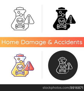 Chemical poisoning icon. Cleaning supplies. Toxic household products. Overdose on vitamins and medicines. Using pesticides. Linear black and RGB color styles. Isolated vector illustrations. Chemical poisoning icon