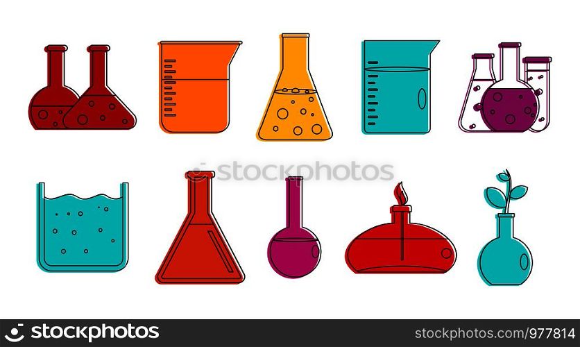 Chemical pots icon set. Color outline set of chemical pots vector icons for web design isolated on white background. Chemical pots icon set, color outline style