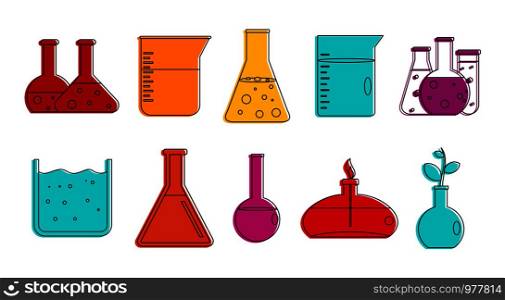 Chemical pots icon set. Color outline set of chemical pots vector icons for web design isolated on white background. Chemical pots icon set, color outline style