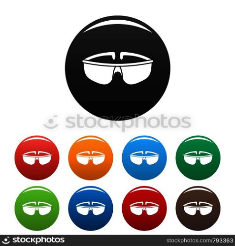 Chemical protect glasses icons set 9 color vector isolated on white for any design. Chemical protect glasses icons set color
