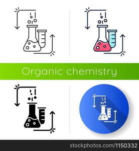 Chemical reaction in lab flask icon. Organic chemistry. Conducting experiment. Laboratory work. Interaction with chemicals. Flat design, linear, black and color styles. Isolated vector illustrations