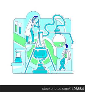 Chemical reaction thin line concept vector illustration. Scientists, chemists 2D cartoon characters for web design. Laboratory experiment, substance testing. Biochemistry science creative idea. Chemical reaction thin line concept vector illustration