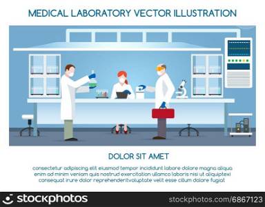 Chemical research laboratory with scientists. Chemical research laboratory with scientists. Female and male researchers in lab interior vector illustration