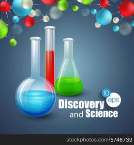 Chemical Science and discovery. Vector illustration. Molecule and flasks. Chemical Science and discovery. Vector illustration. Molecule flasks