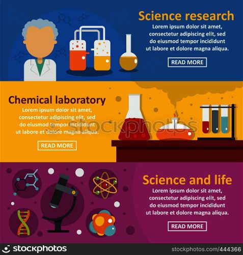 Chemical science banner horizontal concept set. Flat illustration of 3 chemical science vector banner horizontal concepts for web. Chemical science banner horizontal set, flat style