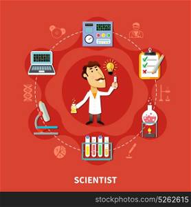 Chemical Scientist Inventor. Scientist inventor in research laboratory, man in the circle of chemical icons, flat vector illustration