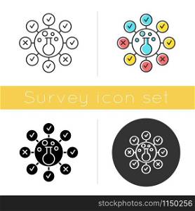 Chemical survey icon. Composition analysis. Quality control, evaluation. Health risk testing. Experiment. Lab flask. Glyph design, linear, chalk and color styles. Isolated vector illustrations