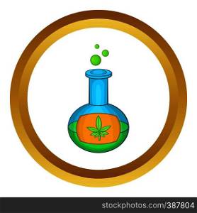 Chemical test tube with marijuana leaf vector icon in golden circle, cartoon style isolated on white background. Test tube with marijuana leaf vector icon