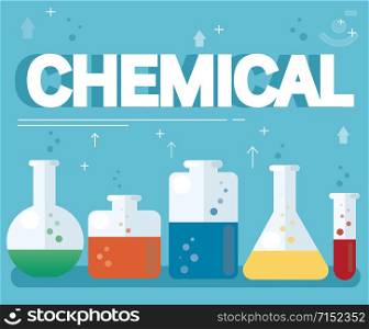 chemical text and colorful laboratory filled with a clear liquid and blue background
