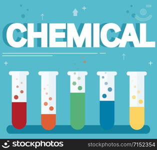 chemical text and colorful laboratory filled with a clear liquid and blue background