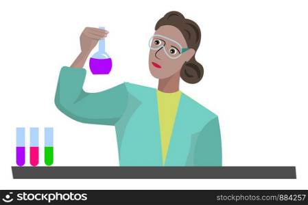 Chemist doing research, illustration, vector on white background.